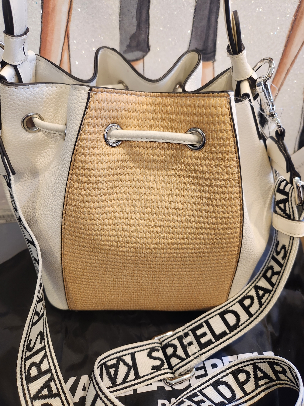 Karl Lagerfeld White & Natural Woven Drawstring Bucket Bag W Charms NWT - Picture 8 of 14